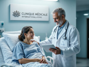 Smiling patient talking with a doctor in a modern international clinic, representing easy and affordable gallbladder removal abroad